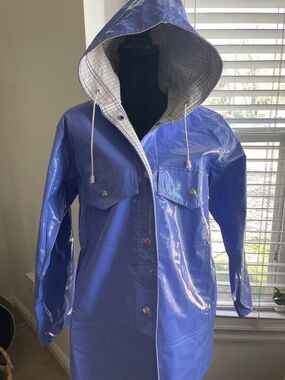 Vintage Blue/Purple Vinyl Raincoat | Hooded | Lightweight | Made in Taiwan